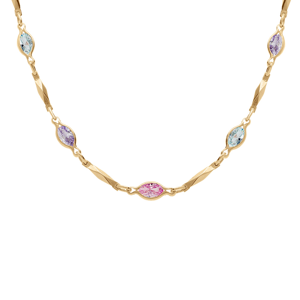 Collier en plaqu� or tutti frutti navettes d\'oxydes d�grad� de rose et bleu et baguettes - 40+7cm - Vue 1