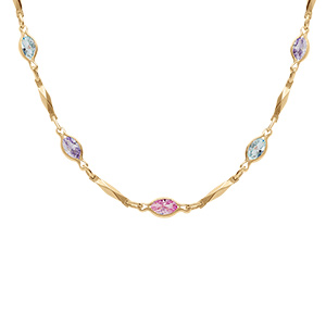 Collier en plaqu� or tutti frutti navettes d'oxydes d�grad� de rose et bleu et baguettes - 40+7cm
