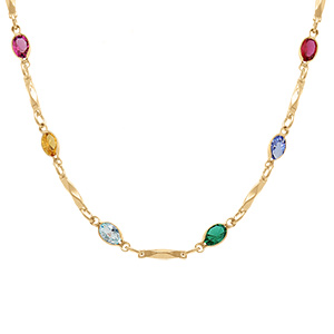 Collier en plaqu� or tutti frutti navettes d'oxydes multi couleurs et baguettes - 40+7cm