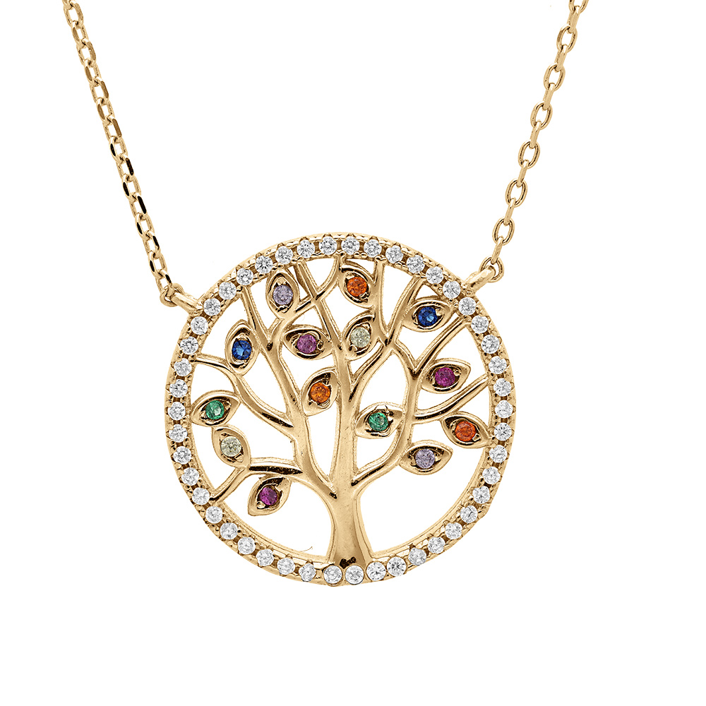 Collier en vermeil arbre de vie multicouleurs avec le contour d\'oxydes blancs sertis  39+4cm - Vue 1