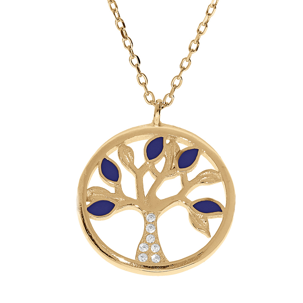 Collier en vermeil arbre de vie r�sine bleue et oxydes blancs - 40+5cm - Vue 1