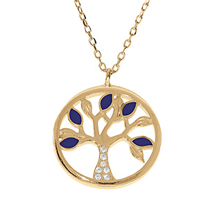 Collier en vermeil arbre de vie r�sine bleue et oxydes blancs - 40+5cm