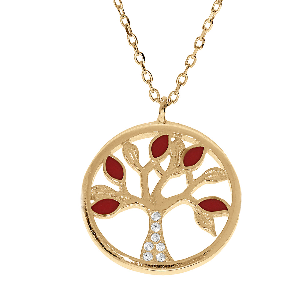 Collier en vermeil arbre de vie r�sine rouge et oxydes blancs - 40+5cm - Vue 1