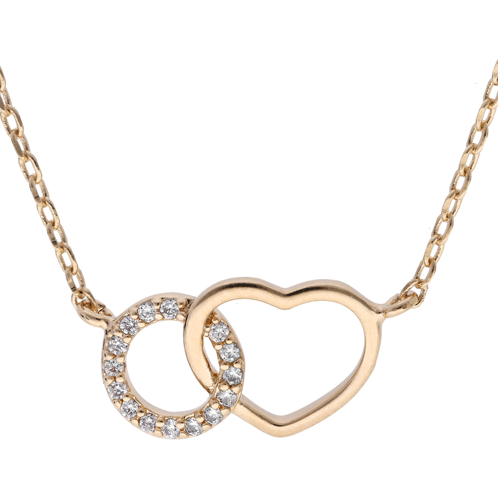 Collier en vermeil avec cercle d\'oxydes blancs sertis entrelac� avec coeur lisse - 40+5cm - Vue 1