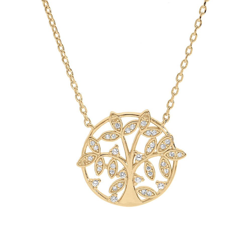 Collier en vermeil avec pendentif  arbre de vie rond avec oxydes blancs sertis 39+2,5cm - Vue 1