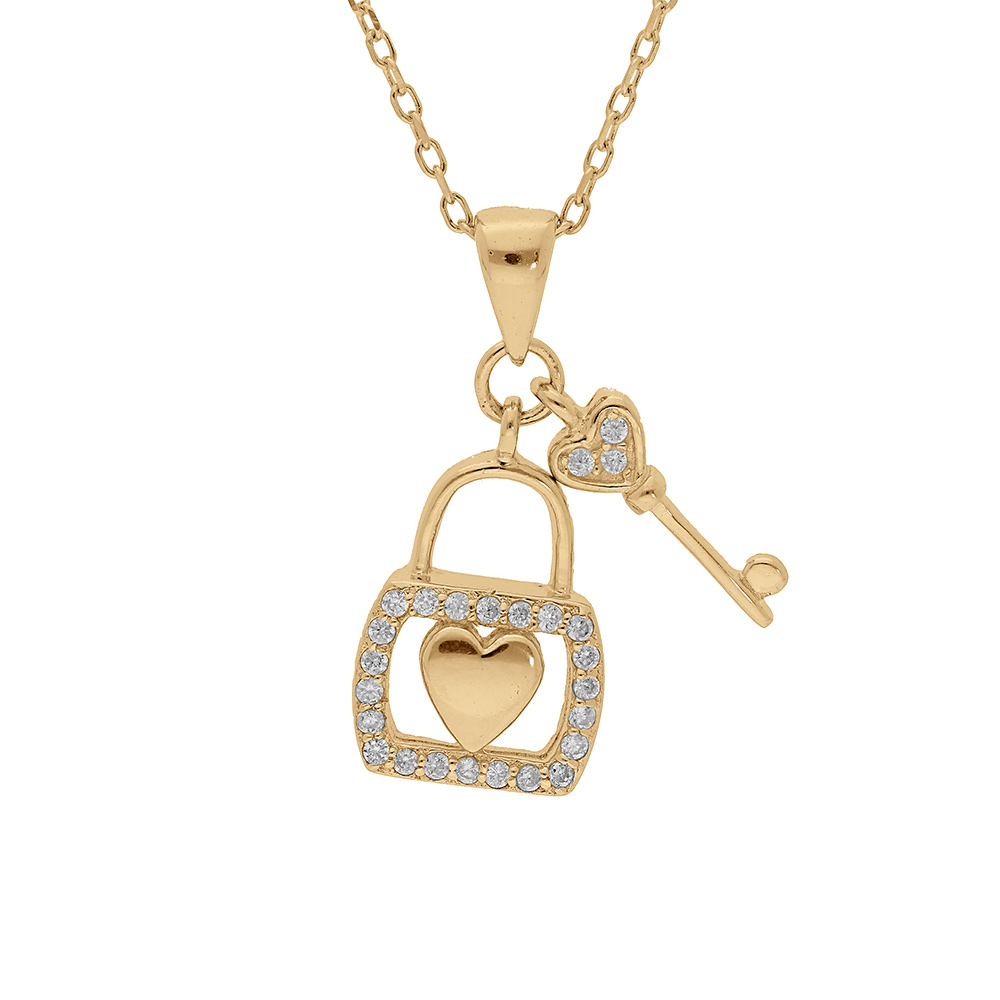 Collier en vermeil avec pendentif cadenas coeur et clef oxydes blancs sertis 39+2+2cm - Vue 1