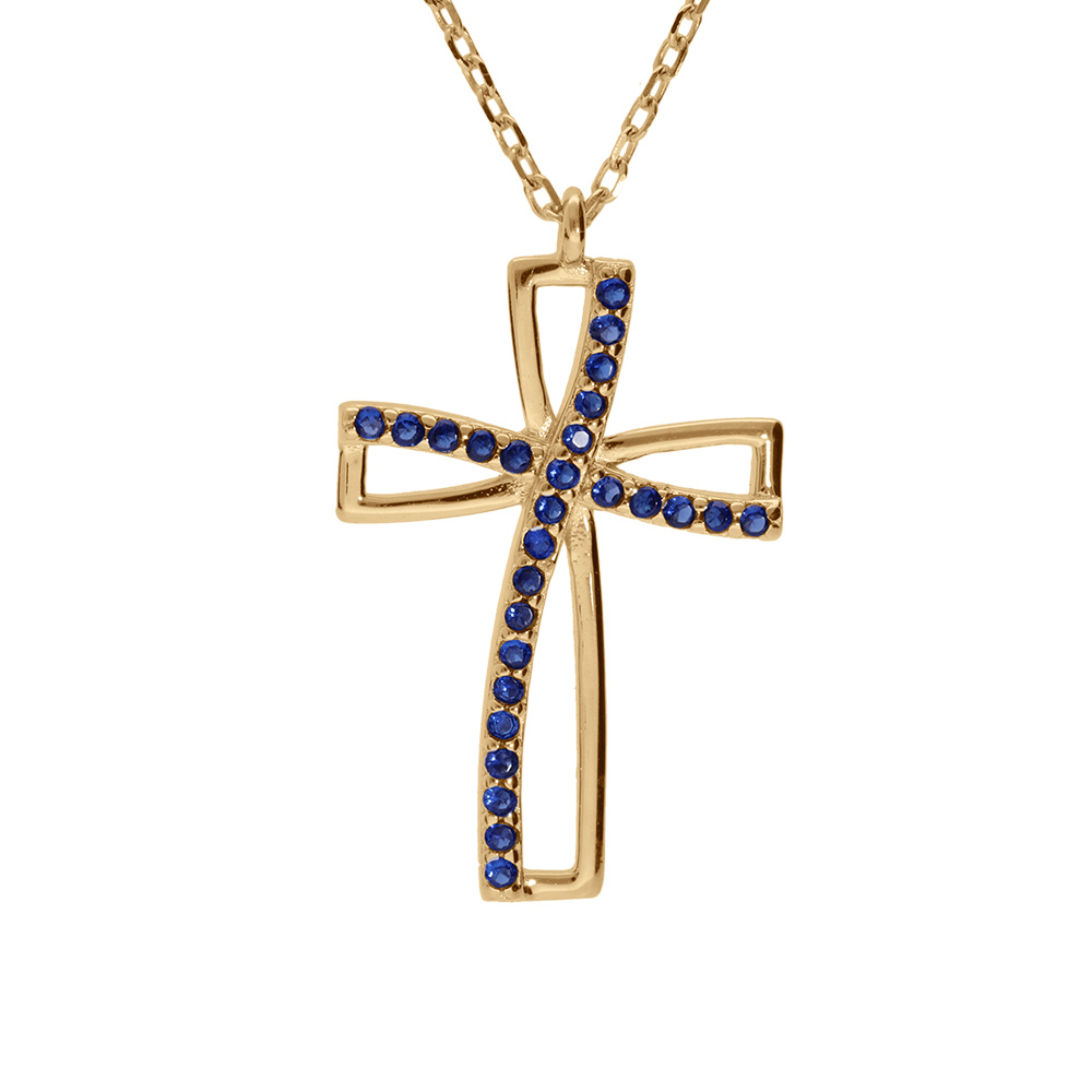 Collier en vermeil avec pendentif croix oxyde bleu serti - 40+5cm - Vue 1