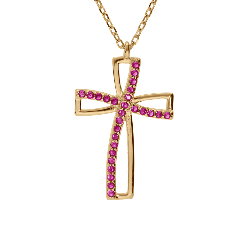 Collier en vermeil avec pendentif croix oxyde rose serti - 40+5cm - Vue 1