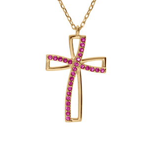Collier en vermeil avec pendentif croix oxyde rose serti - 40+5cm - Vue 1