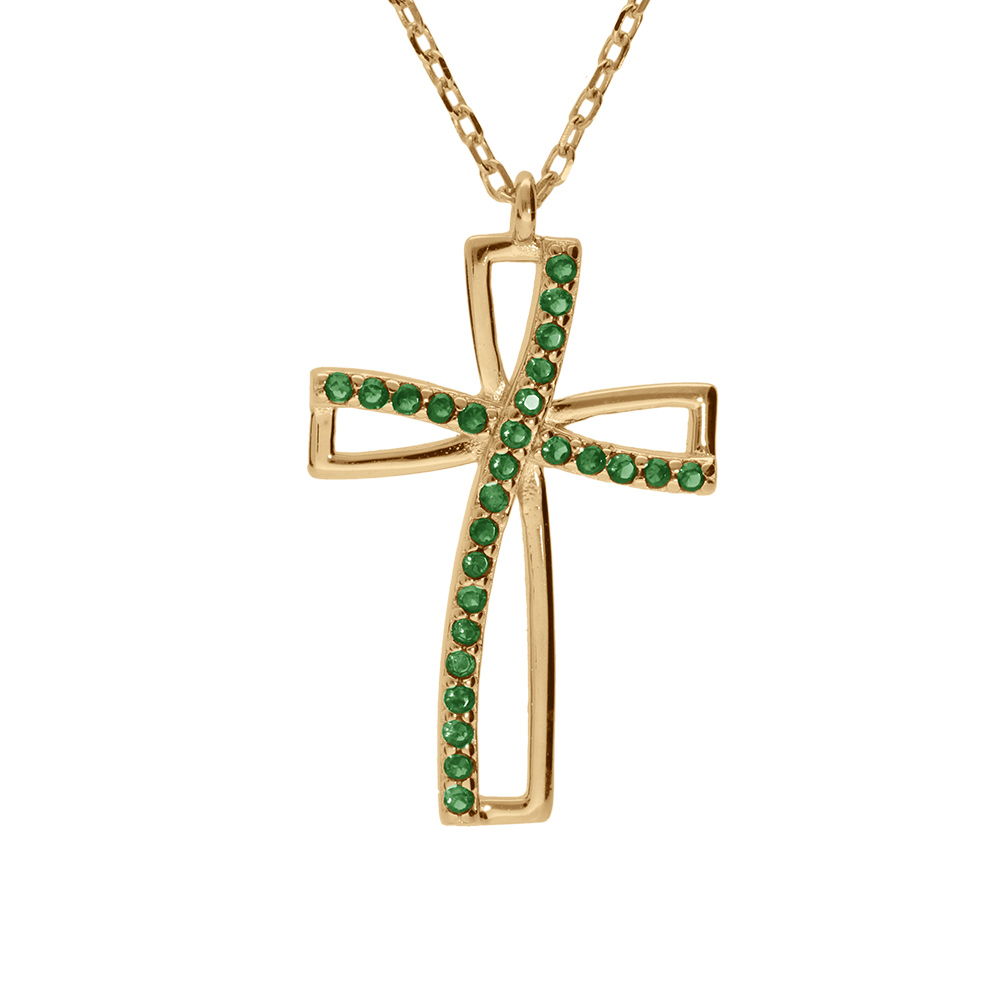 Collier en vermeil avec pendentif croix oxyde vert serti - 40+5cm - Vue 1