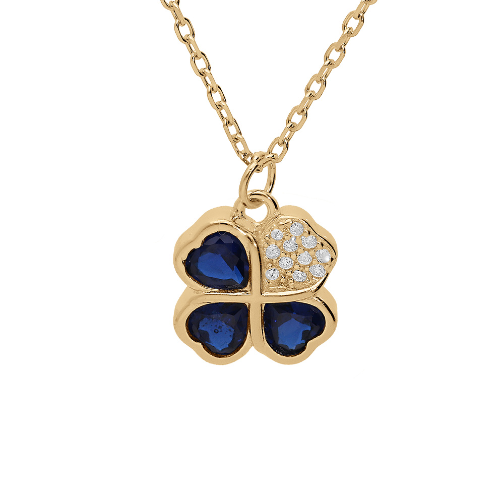 Collier en vermeil avec pendentif tr�fle et coeur 10mm oxydes bleus et blancs - 39+2+2cm - Vue 1