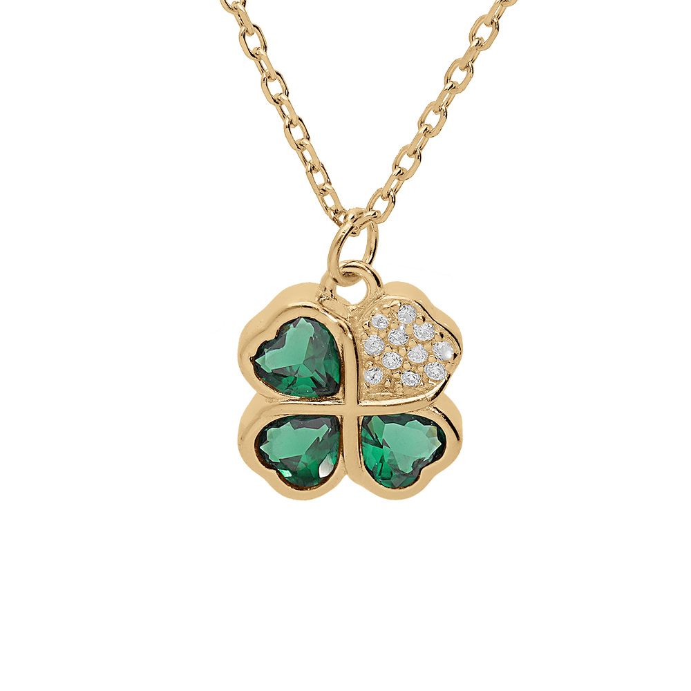 Collier en vermeil avec pendentif tr�fle et coeur 10mm oxydes verts et blancs -  39+2+2cm - Vue 1