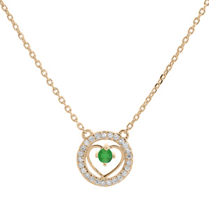 Collier en vermeil chaîne avec pendentif anneau cerclé d\'oxydes blancs et coeur Emeraude véritable 42+3cm - Vue 1