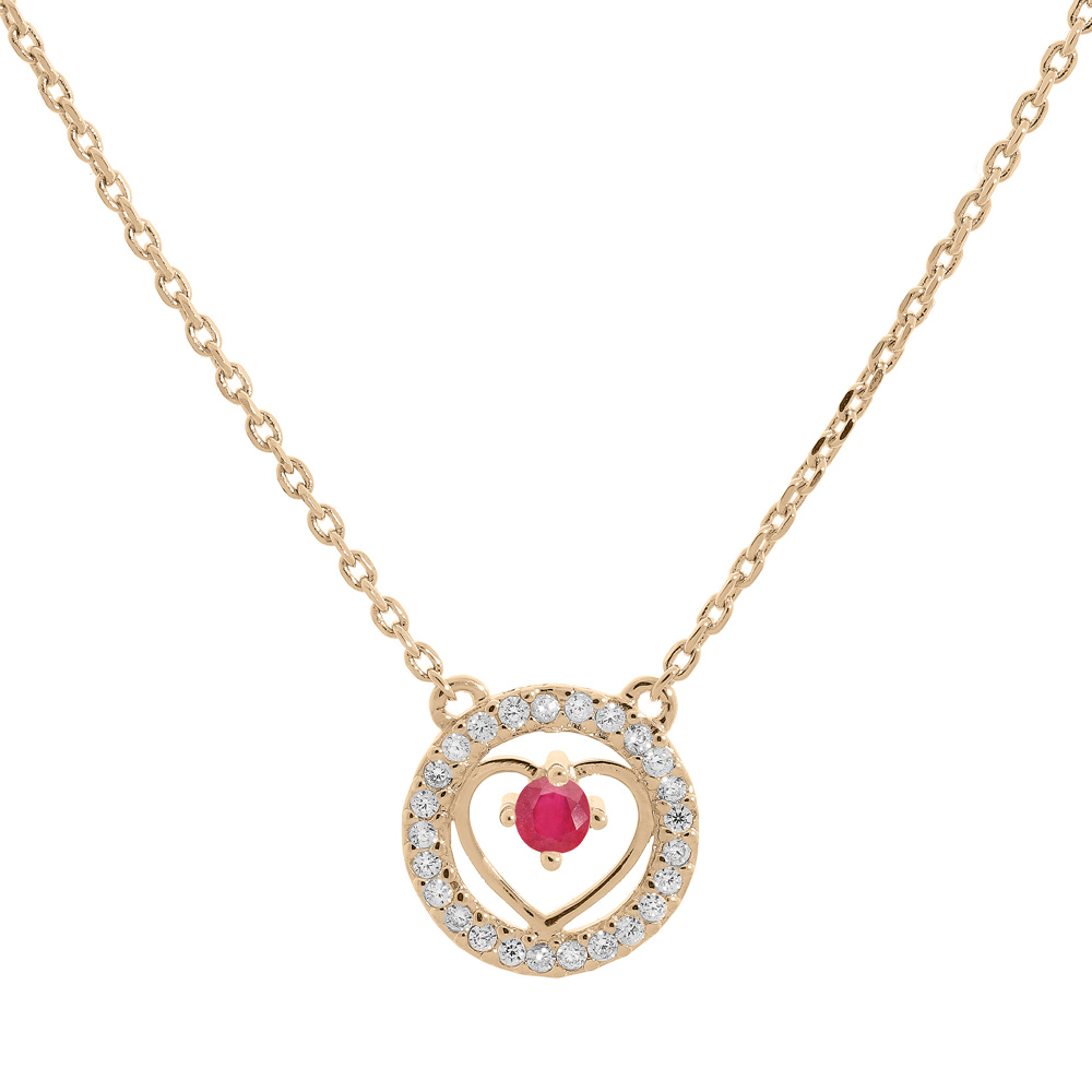 Collier en vermeil cha�ne avec pendentif anneau cercl� d\'oxydes blancs et coeur Rubis v�ritable 42+3cm - Vue 1