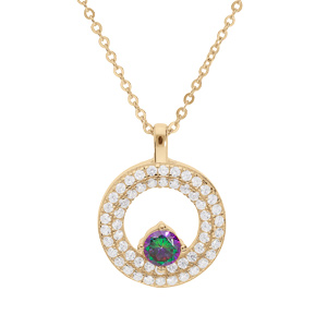 Collier en vermeil chaîne avec pendentif rond oxyde arc en ciel mystique contour oxydes blancs sertis 42+3cm - Vue 1