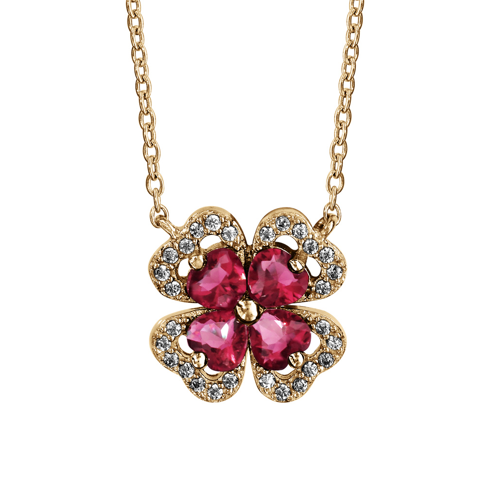 Collier en vermeil chane avec trfle et pierre rouge entourage oxydes blancs sertis 40+4cm - Vue 1