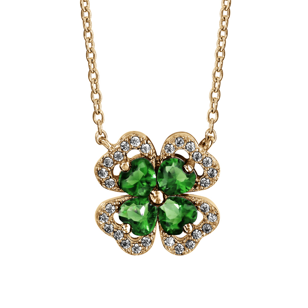 Collier en vermeil chane avec trfle et pierre verte entourage oxydes blancs sertis 40+4cm - Vue 1