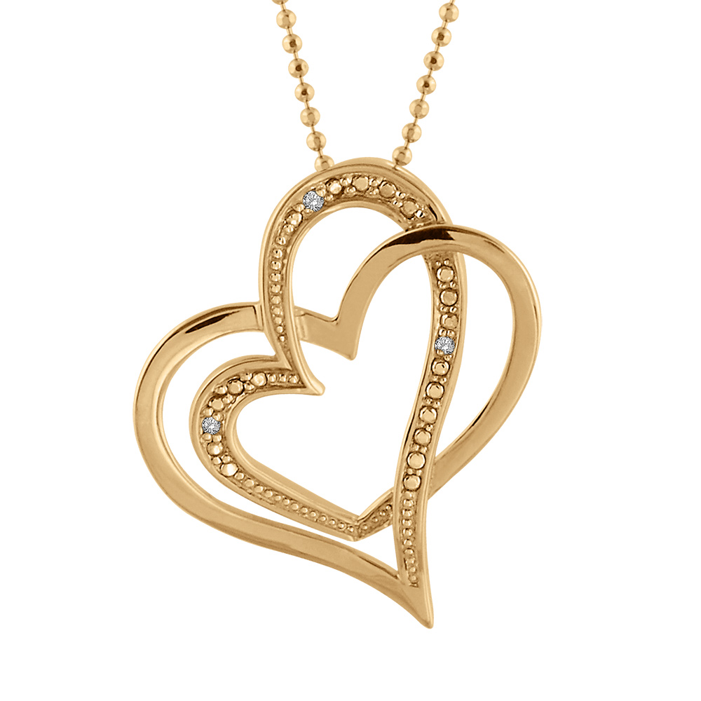 Collier en vermeil cha�ne boules pendentif double coeur entremel� petites pierres blanches   - 43+3cm - Vue 1