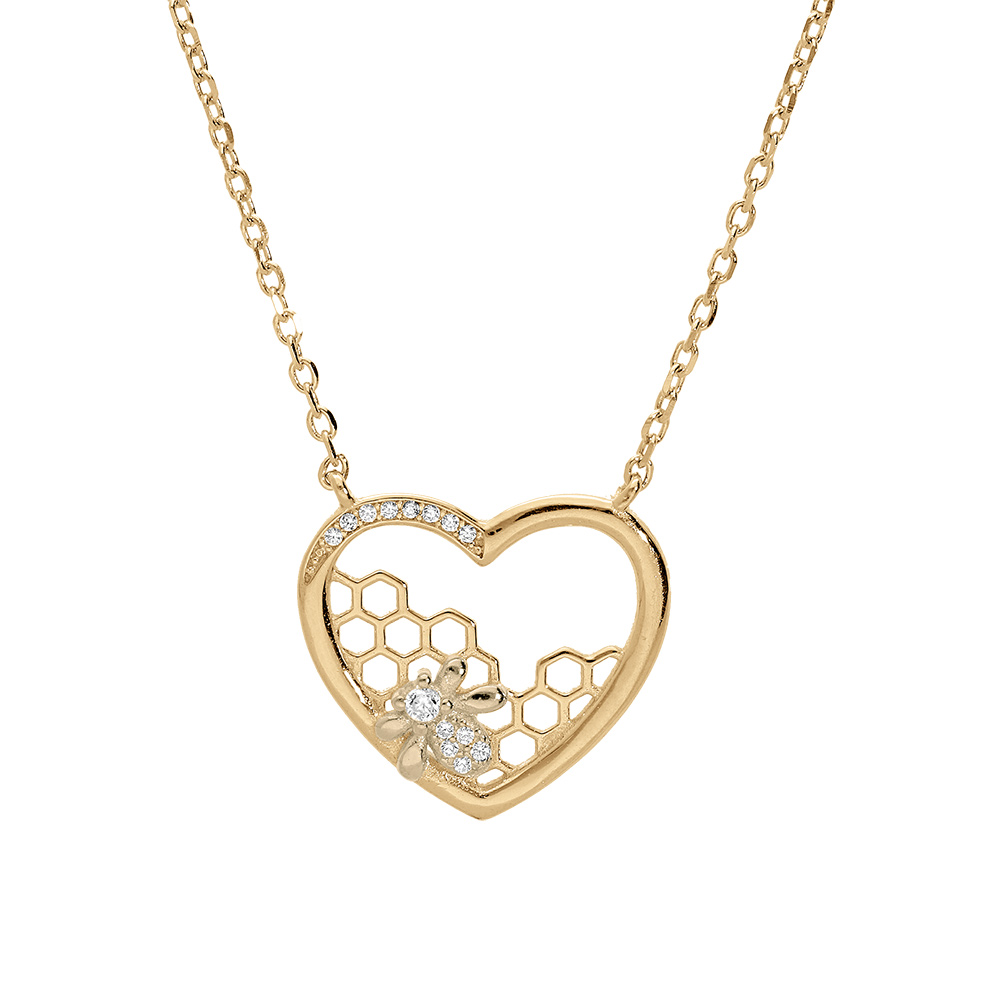 Collier en vermeil coeur avec motif abeille et oxydes blancs sertis 40+3cm - Vue 1