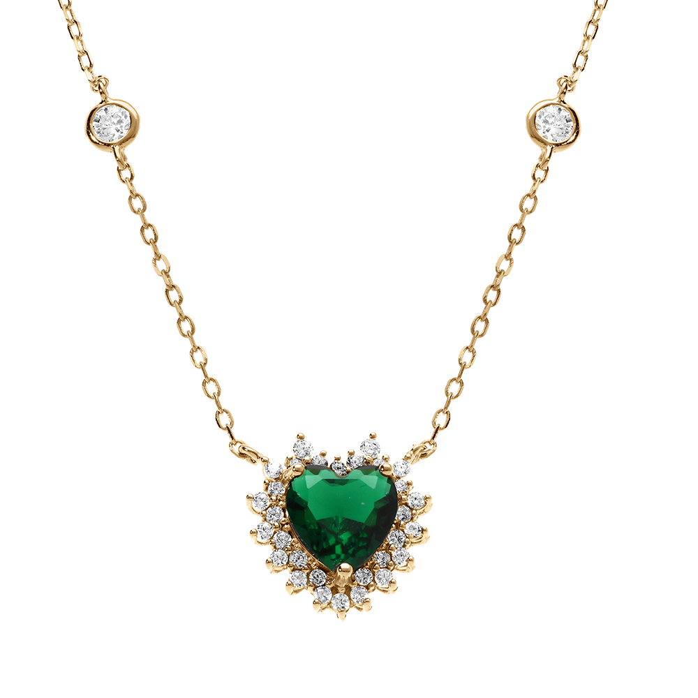Collier en vermeil coeur d\'oxyde vert et contour d\'oxydes blancs sertis - 42+3cm - Vue 1