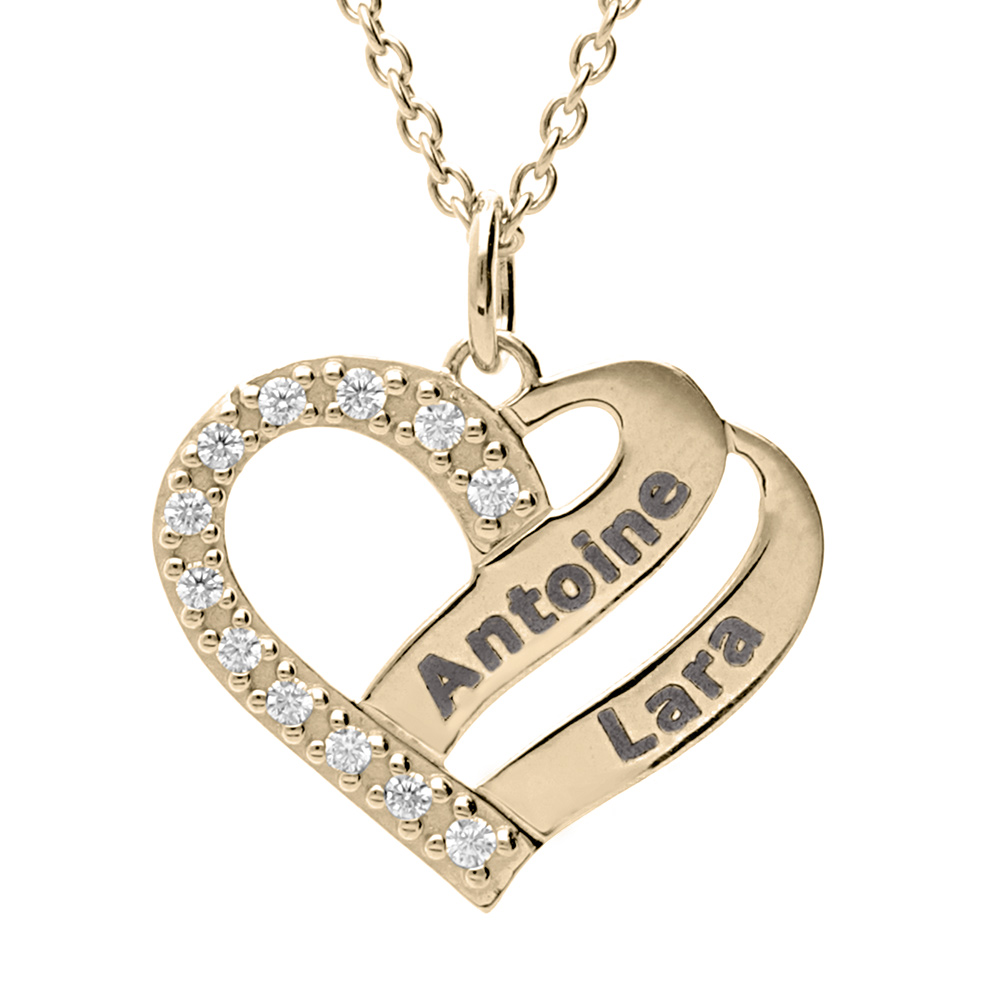 Collier en vermeil coeur � graver avec oxydes blancs sertis - 42+3cm - Vue 1