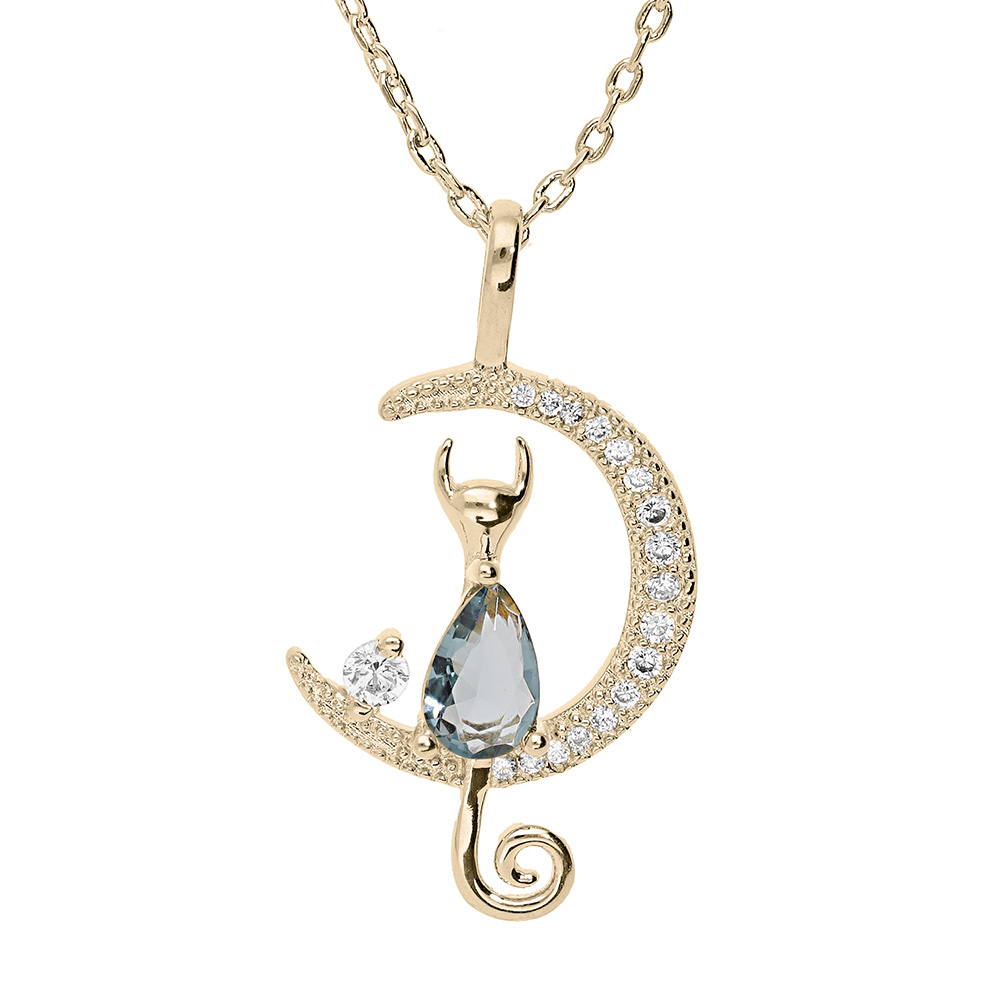 Collier en vermeil demi lune et chat oxyde bleu - 40+5cm - Vue 1