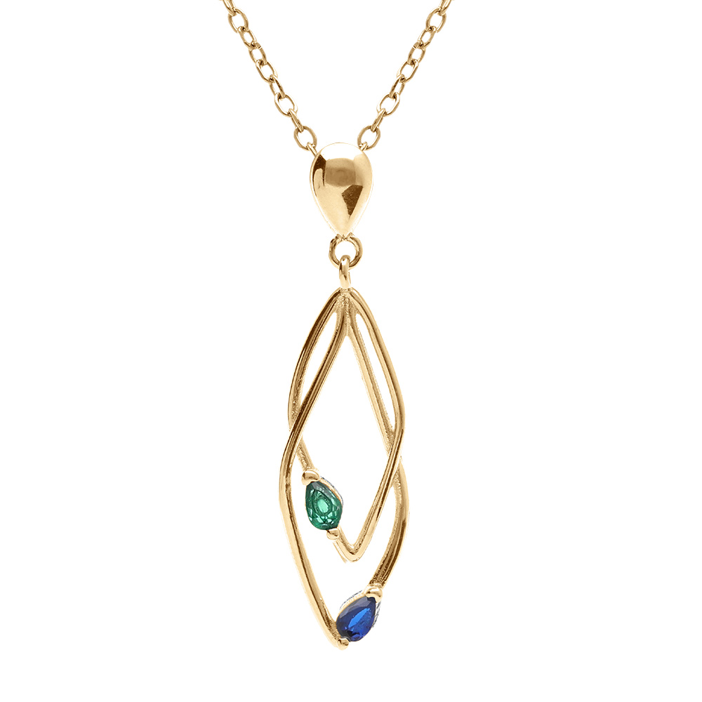 Collier en vermeil deux losanges entrelac�s avec oxydes bleu et vert sertis - 39+4cm - Vue 1