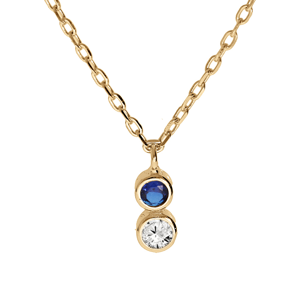 Collier en vermeil deux oxydes blanc et bleu fonc� sertis clos - 40+2+2cm - Vue 1