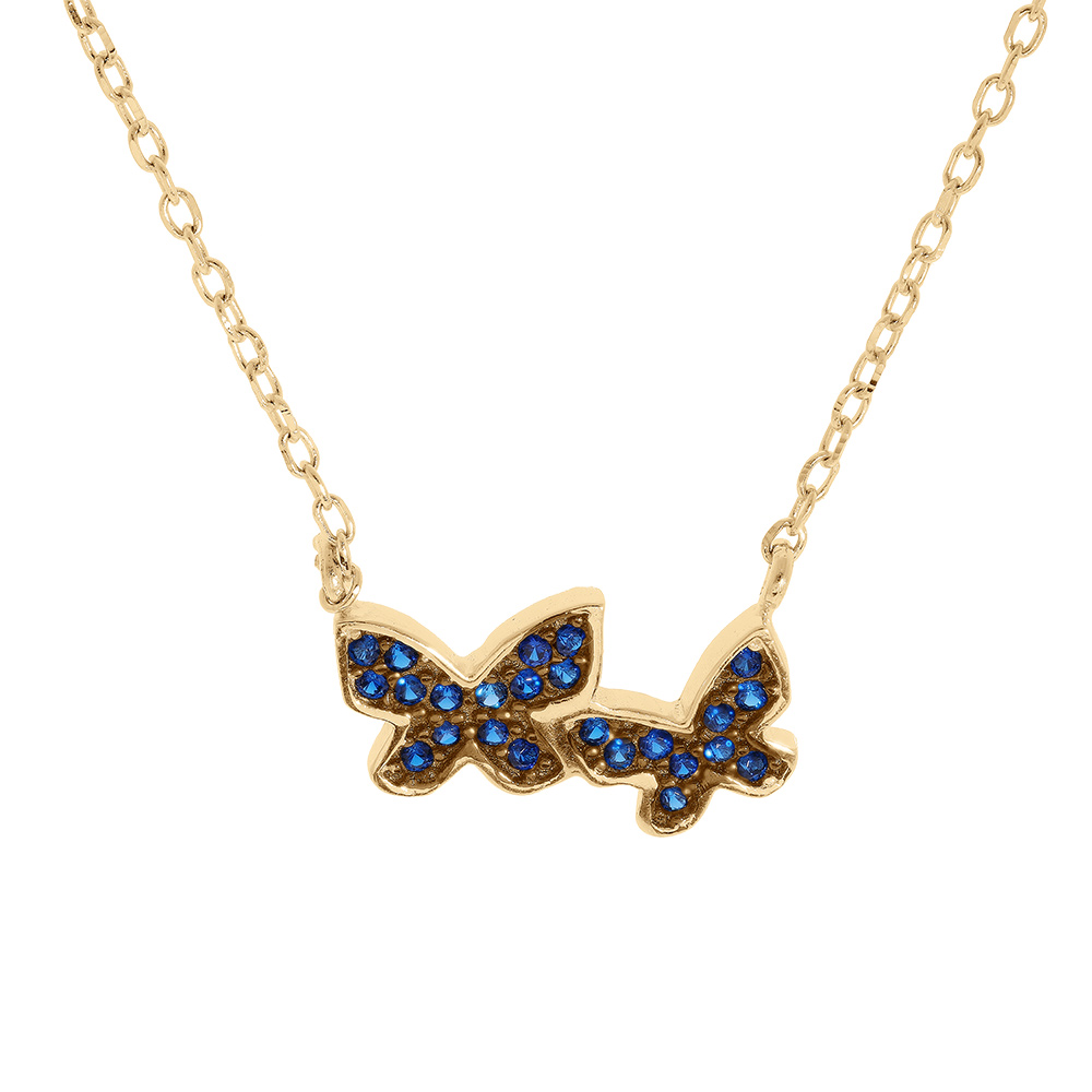Collier en vermeil deux  papillons en oxydes bleu fonc�    - 42+3cm - Vue 1
