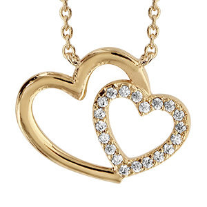Collier en vermeil double coeur crois� avec oxydes blancs - 40+4cm
