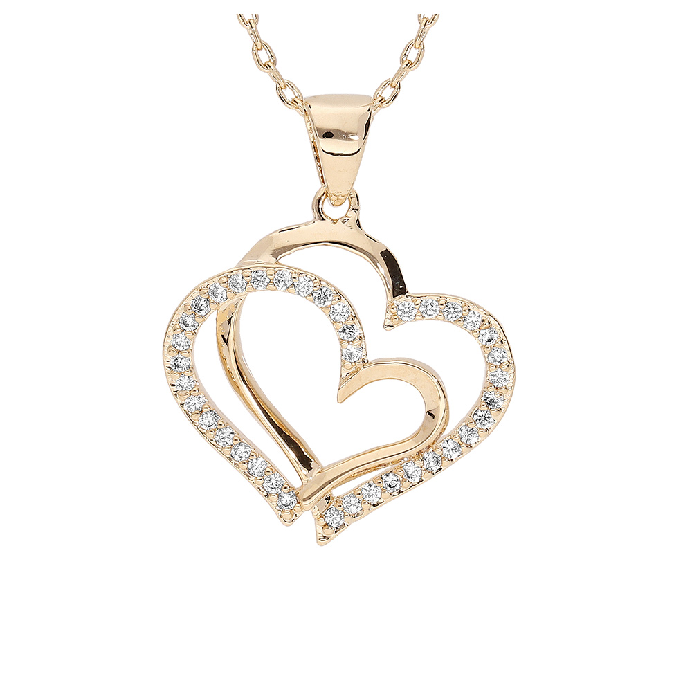 Collier en vermeil double coeur et oxydes blancs sertis - 40+5cm - Vue 1