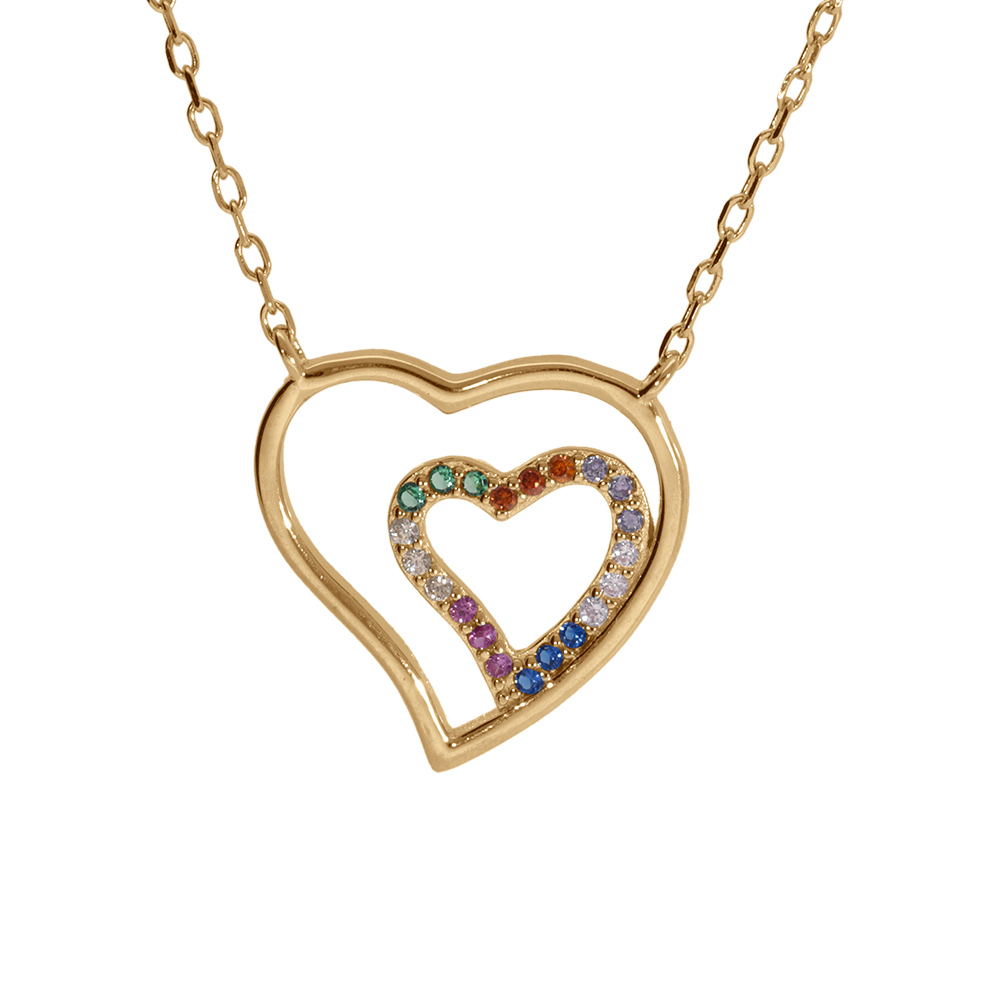 Collier en vermeil double coeur et oxydes multi couleurs - 40+4cm - Vue 1