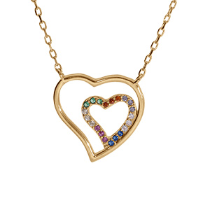 Collier en vermeil double coeur et oxydes multi couleurs - 40+4cm