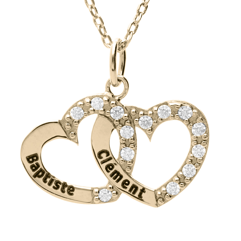 Collier en vermeil double coeur � graver avec oxydes blancs sertis - 42+3cm - Vue 1