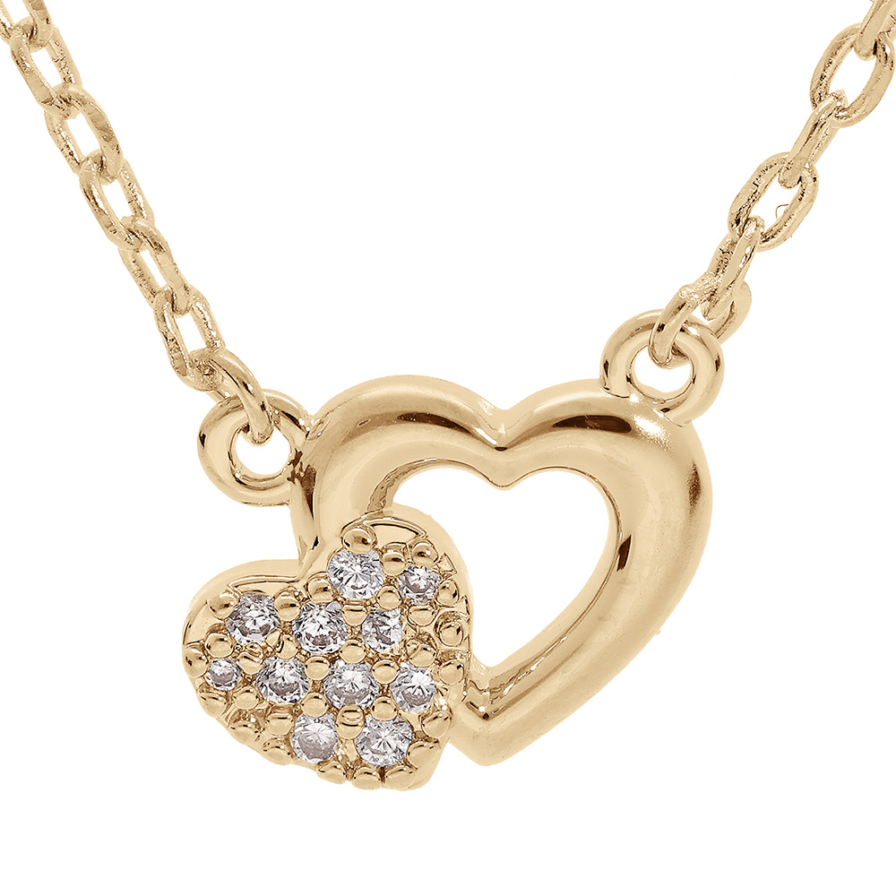 Collier en vermeil double coeursdont un ajour� et l\'autre avec oxydes blancs sertis - 40+5cm - Vue 1