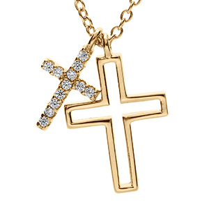 Collier en vermeil double croix une lisse et l'autre avec pavage d'oxydes blancs - 42+3cm