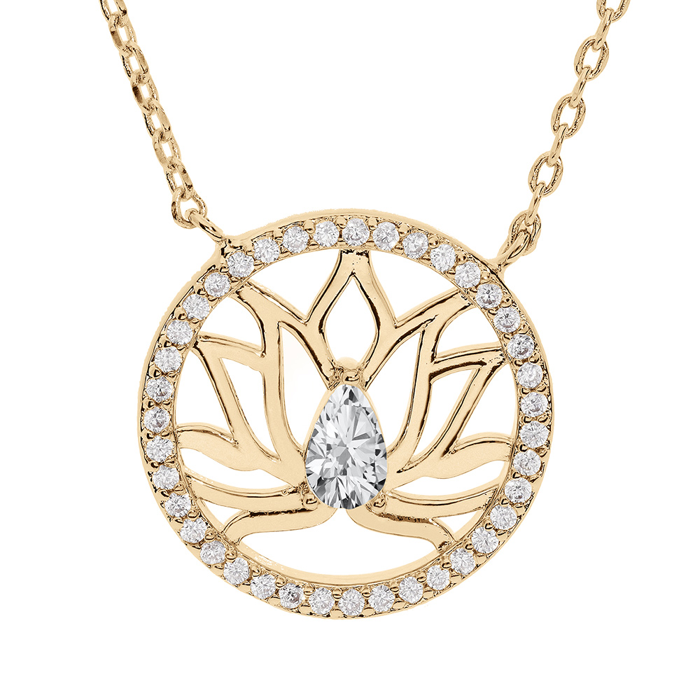 Collier en vermeil fleur de lotus dans cercle d\'oxydes blancs sertis - 39+4cm - Vue 1
