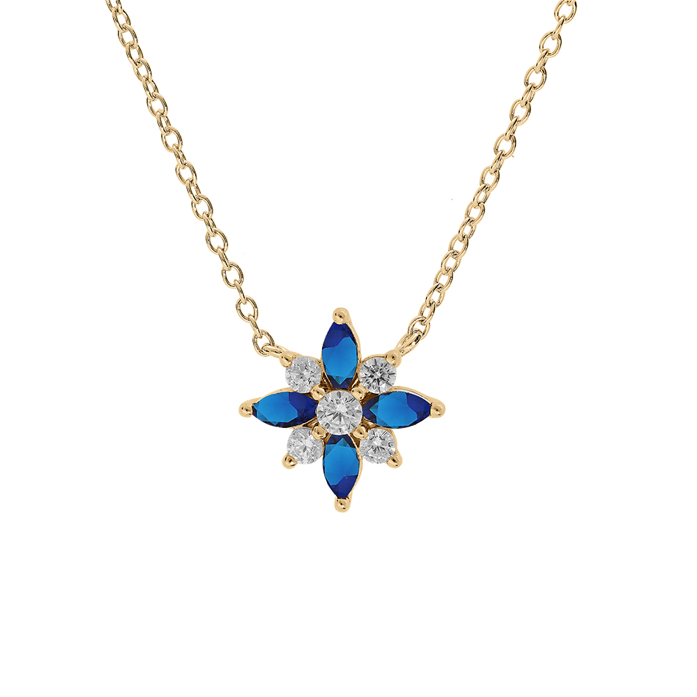 Collier en vermeil fleur d\'oxydes blancs et bleus sertis - 42+3cm - Vue 1