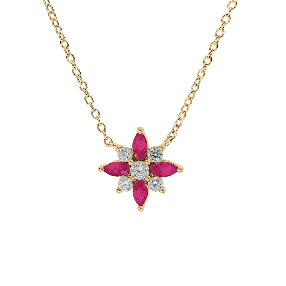 Collier en vermeil fleur d\'oxydes blancs et fushia sertis - 42+3cm - Vue 1