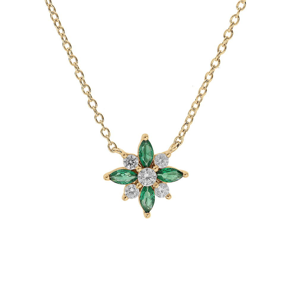 Collier en vermeil fleur d\'oxydes blancs et vert sertis - 42+3cm - Vue 1
