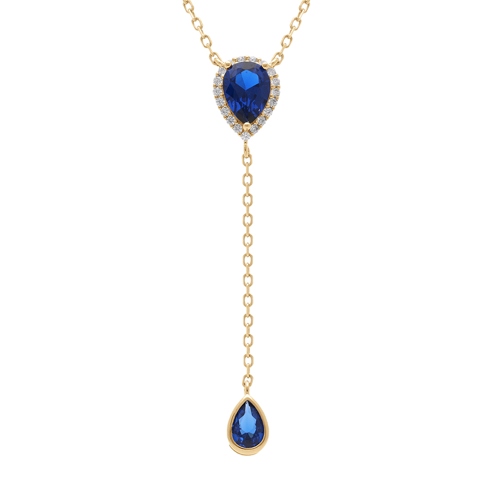 Collier en vermeil forme cravate avec  goutte et motif sup�rieur d\'oxyde bleu fonc� et halo d\'oxydes blancs - 39+5cm - Vue 1
