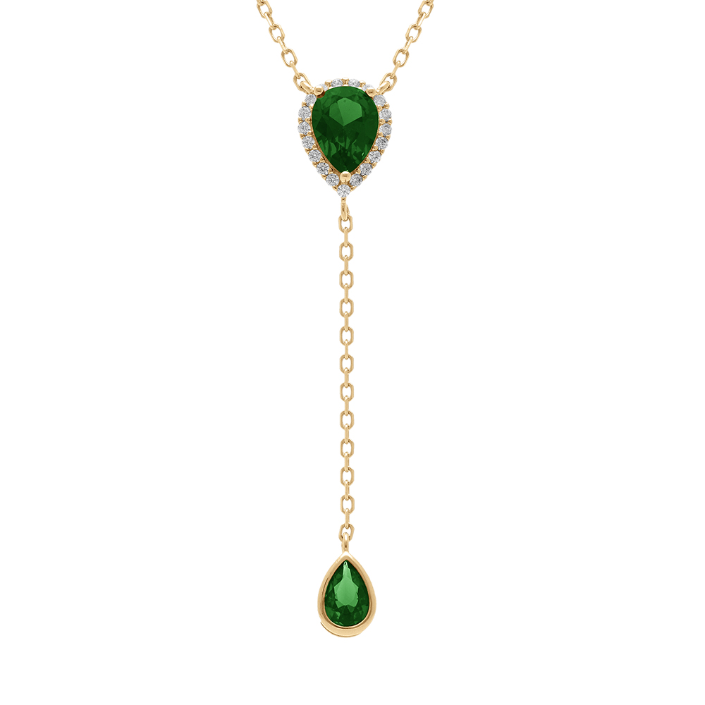 Collier en vermeil forme cravate avec goutte et motif sup�rieur d\'oxyde vert et halo d\'oxydes blancs - 39+5cm - Vue 1