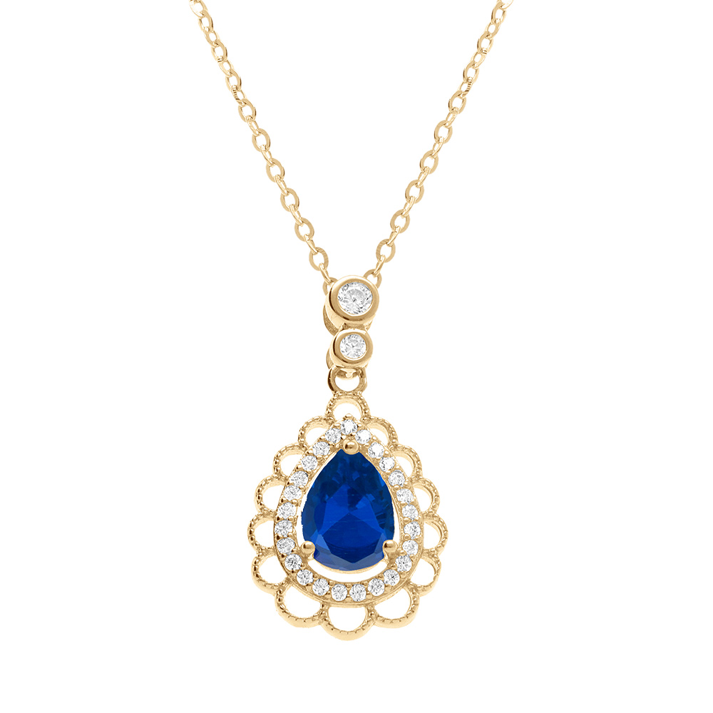 Collier en vermeil goutte oxyde bleu et contour oxydes blancs sertis et dentell� -40+4cm - Vue 1