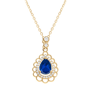 Collier en vermeil goutte oxyde bleu et contour oxydes blancs sertis et dentell� -40+4cm
