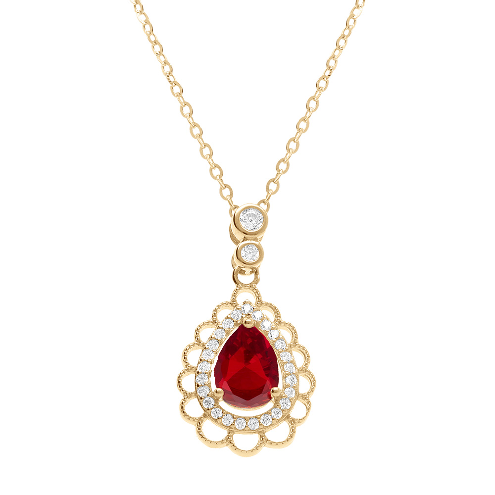 Collier en vermeil goutte oxyde rouge et contour oxydes blancs sertis et dentell� - 40+4cm - Vue 1