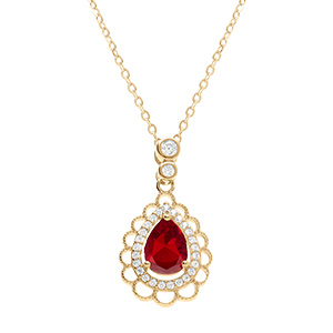 Collier en vermeil goutte oxyde rouge et contour oxydes blancs sertis et dentell� - 40+4cm
