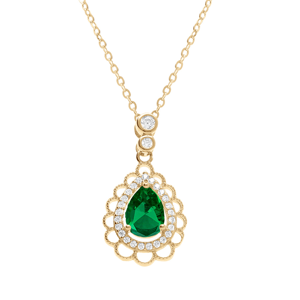 Collier en vermeil goutte oxyde vert et contour oxydes blancs sertis et dentell� - 40+4cm - Vue 1