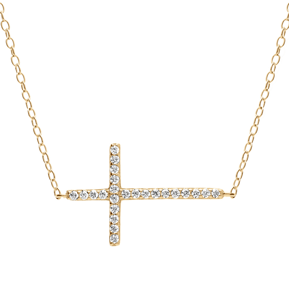 Collier en vermeil grande croix couch�e avec oxydes micro sertis  - 43+2cm - Vue 1