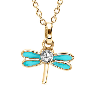 Collier en vermeil libellule avec �mail couleur turquoise et oxydes blancs sertis - 36+2cm