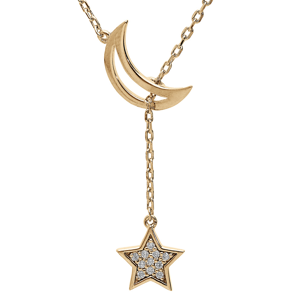 Collier en vermeil lune �vid�e et pampille etoile d\'oxydes blancs sertis - 41+3cm - Vue 1